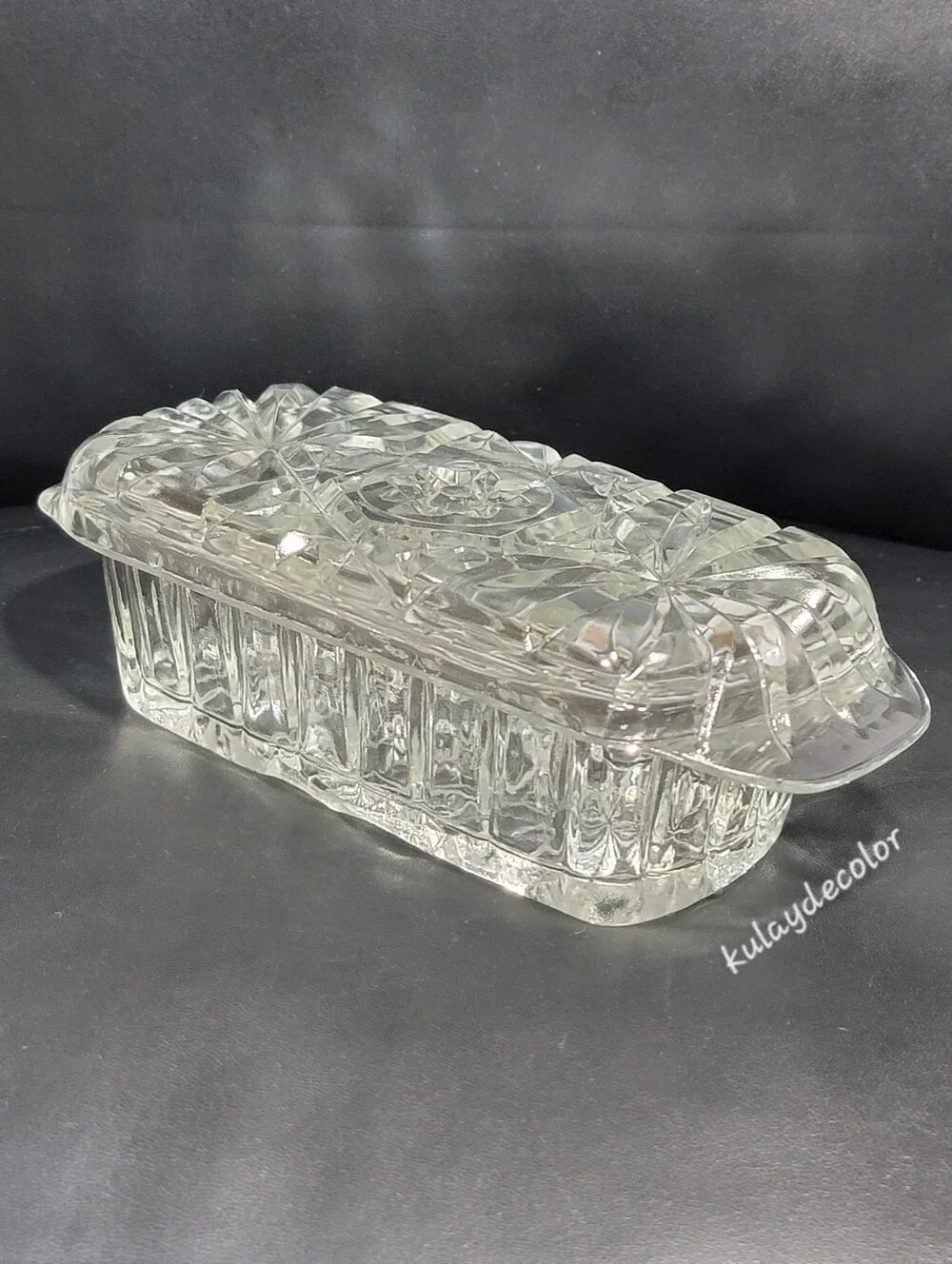 Vintage Anchor Hocking Pressed Glass Covered Butter Dish Star of David Pattern
